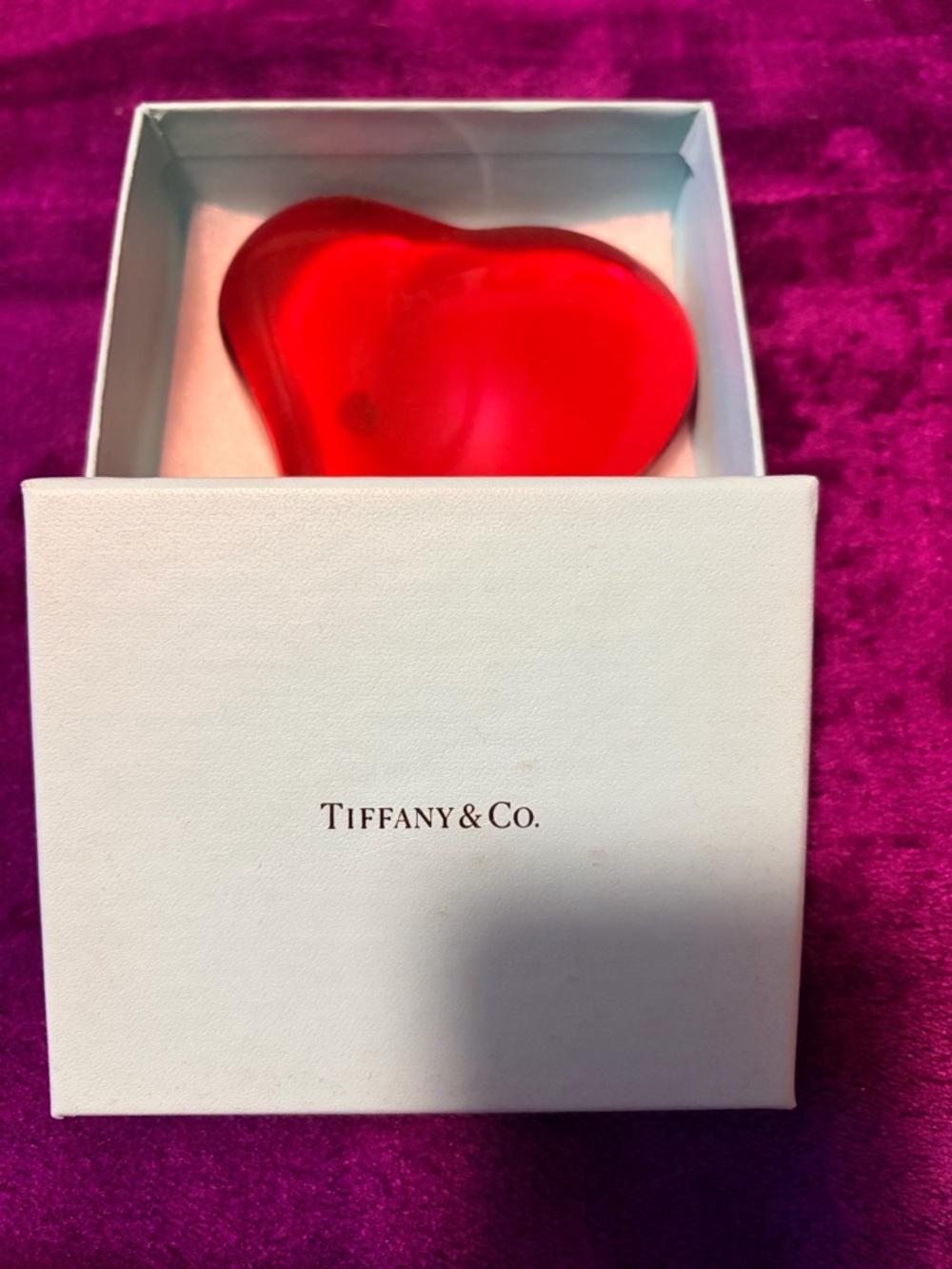 Tiffany & Co. Red Glass Heart Paperweight with Signature Box